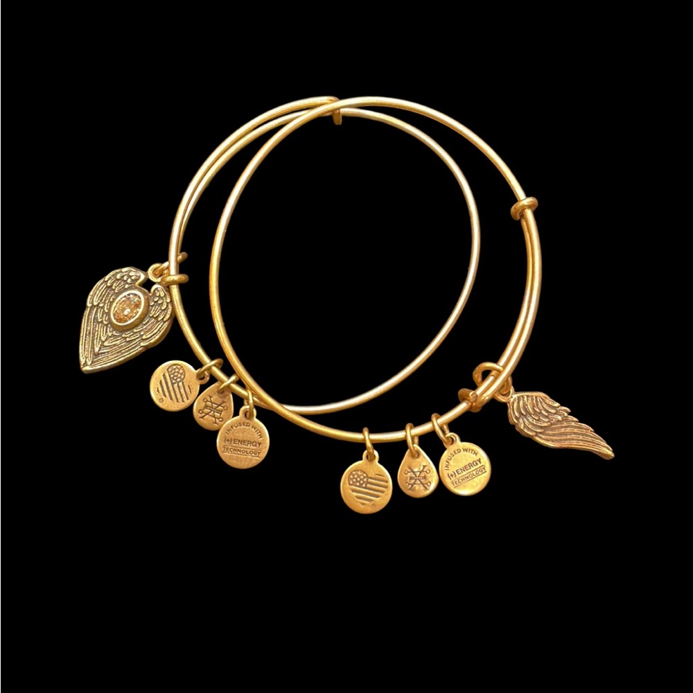 ALEX AND ANI two gold tone color bracelets with wings and 3 small charms